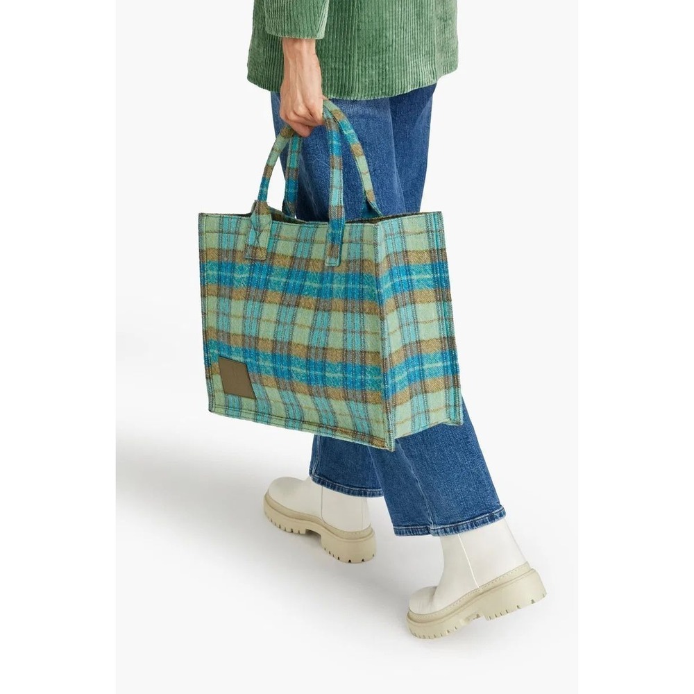 NWT $360 MSRP Sandro Kasbah Tartan Wool Leather Trim Tote Bag Blue Green Large